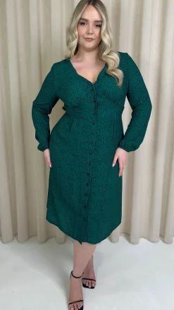 CurveWow Woven Button Front Dress Green Animal