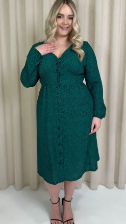 CurveWow Woven Button Front Dress Green Animal