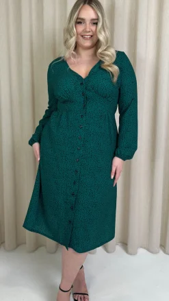CurveWow Woven Button Front Dress Green Animal