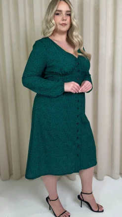 CurveWow Woven Button Front Dress Green Animal