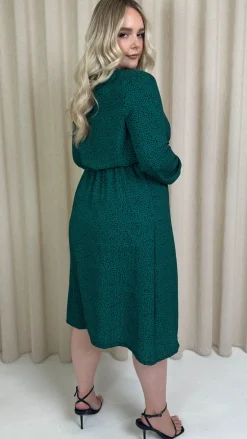 CurveWow Woven Button Front Dress Green Animal