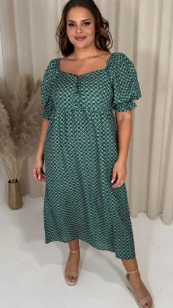 CurveWow Woven Milkmaid Dress Green