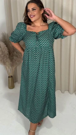 CurveWow Woven Milkmaid Dress Green