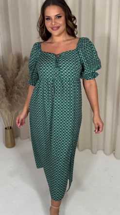 CurveWow Woven Milkmaid Dress Green
