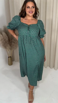 CurveWow Woven Milkmaid Dress Green