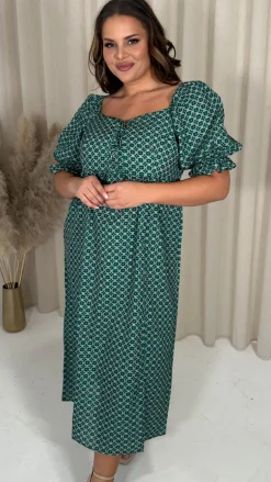 CurveWow Woven Milkmaid Dress Green