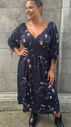 CurveWow Wrap 3/4 Balloon Sleeve Milkmaid Dress Black Marble