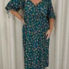 CurveWow Wrap 3/4 Balloon Sleeve Dress Green Floral