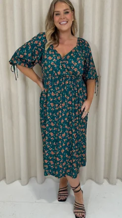 CurveWow Wrap 3/4 Balloon Sleeve Dress Green Floral
