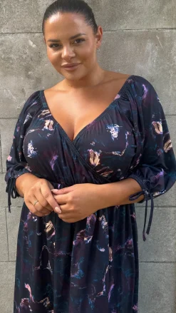 CurveWow Wrap 3/4 Balloon Sleeve Milkmaid Dress Black Marble