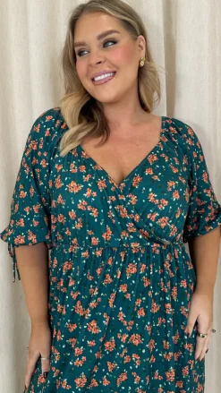 CurveWow Wrap 3/4 Balloon Sleeve Dress Green Floral