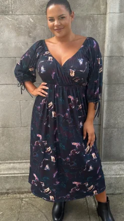 CurveWow Wrap 3/4 Balloon Sleeve Milkmaid Dress Black Marble