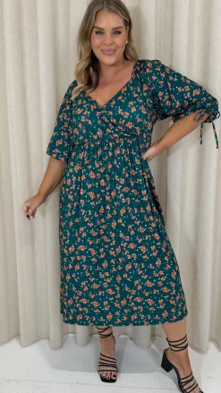 CurveWow Wrap 3/4 Balloon Sleeve Dress Green Floral