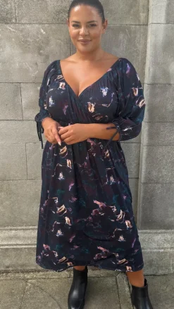 CurveWow Wrap 3/4 Balloon Sleeve Milkmaid Dress Black Marble