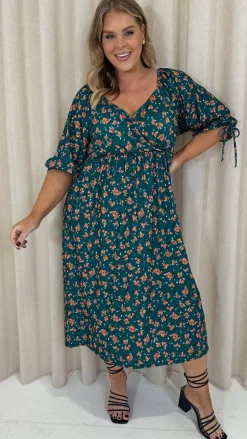 CurveWow Wrap 3/4 Balloon Sleeve Dress Green Floral
