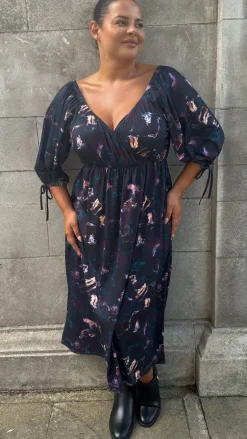 CurveWow Wrap 3/4 Balloon Sleeve Milkmaid Dress Black Marble