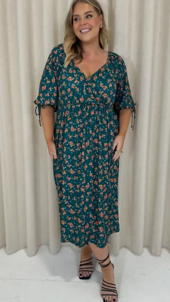 CurveWow Wrap 3/4 Balloon Sleeve Dress Green Floral