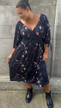 CurveWow Wrap 3/4 Balloon Sleeve Milkmaid Dress Black Marble