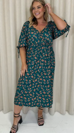 CurveWow Wrap 3/4 Balloon Sleeve Dress Green Floral