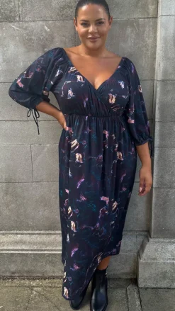 CurveWow Wrap 3/4 Balloon Sleeve Milkmaid Dress Black Marble