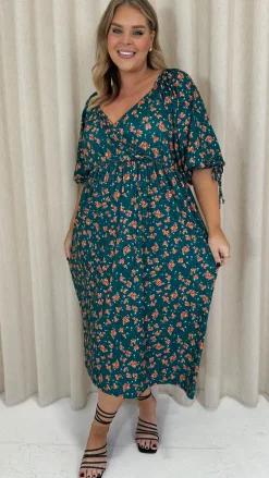 CurveWow Wrap 3/4 Balloon Sleeve Dress Green Floral