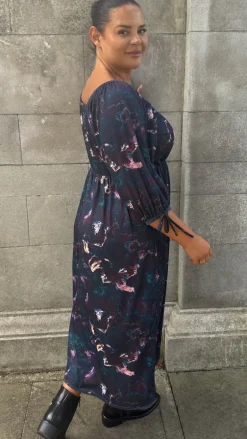 CurveWow Wrap 3/4 Balloon Sleeve Milkmaid Dress Black Marble