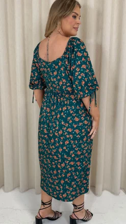CurveWow Wrap 3/4 Balloon Sleeve Dress Green Floral