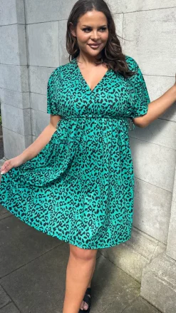 CurveWow Wrap Channel Waist Dress Green Animal