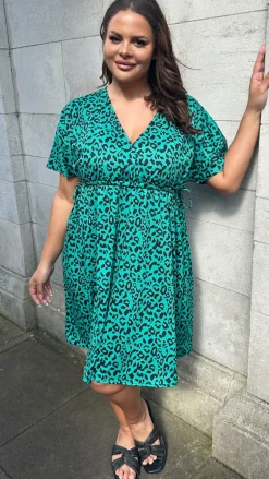 CurveWow Wrap Channel Waist Dress Green Animal