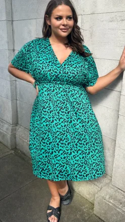 CurveWow Wrap Channel Waist Dress Green Animal