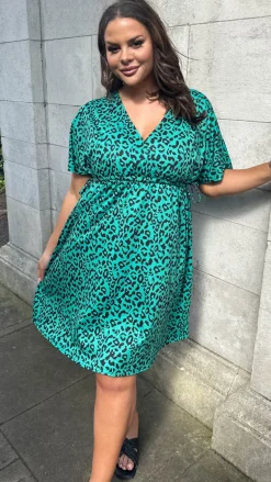 CurveWow Wrap Channel Waist Dress Green Animal