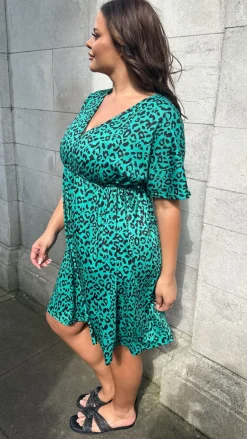 CurveWow Wrap Channel Waist Dress Green Animal