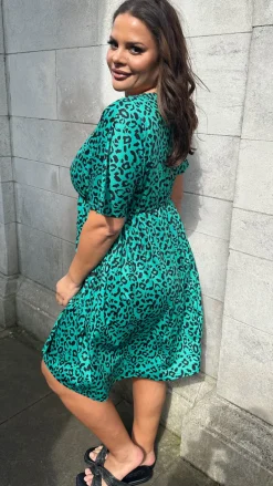 CurveWow Wrap Channel Waist Dress Green Animal