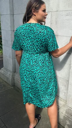 CurveWow Wrap Channel Waist Dress Green Animal