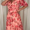CurveWow Wrap Cuffed Puff Sleeve Midaxi Dress Peach Floral