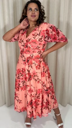 CurveWow Wrap Cuffed Puff Sleeve Midaxi Dress Peach Floral