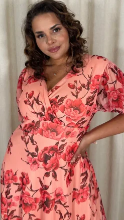 CurveWow Wrap Cuffed Puff Sleeve Midaxi Dress Peach Floral