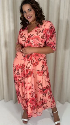 CurveWow Wrap Cuffed Puff Sleeve Midaxi Dress Peach Floral