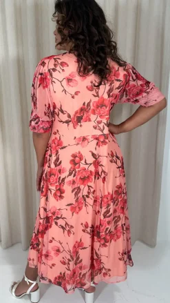 CurveWow Wrap Cuffed Puff Sleeve Midaxi Dress Peach Floral