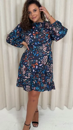 CurveWow Wrap Frill Hem Tea Dress Mixed Animal