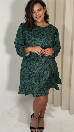 CurveWow Wrap Frill Hem Tea Dress Green Leaf
