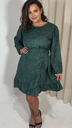 CurveWow Wrap Frill Hem Tea Dress Green Leaf
