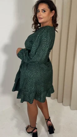 CurveWow Wrap Frill Hem Tea Dress Green Leaf