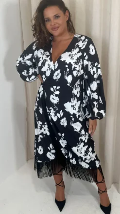 CurveWow Wrap Fringe Hem Dress Mono Floral