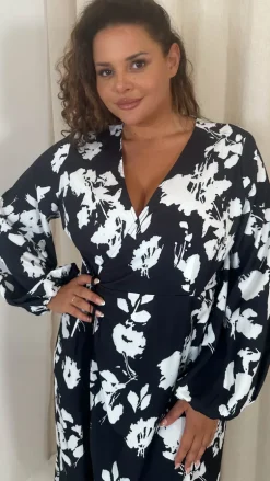 CurveWow Wrap Fringe Hem Dress Mono Floral