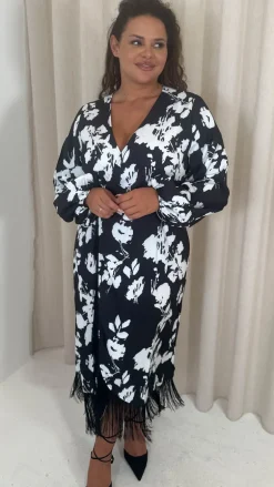 CurveWow Wrap Fringe Hem Dress Mono Floral