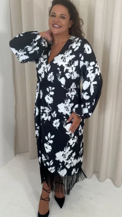 CurveWow Wrap Fringe Hem Dress Mono Floral
