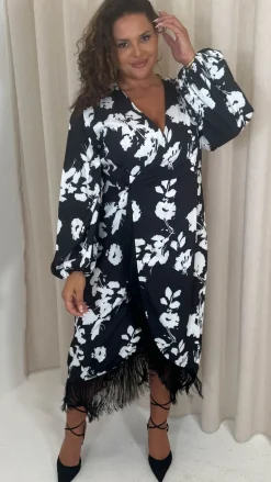 CurveWow Wrap Fringe Hem Dress Mono Floral