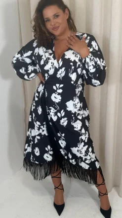 CurveWow Wrap Fringe Hem Dress Mono Floral