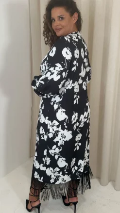 CurveWow Wrap Fringe Hem Dress Mono Floral